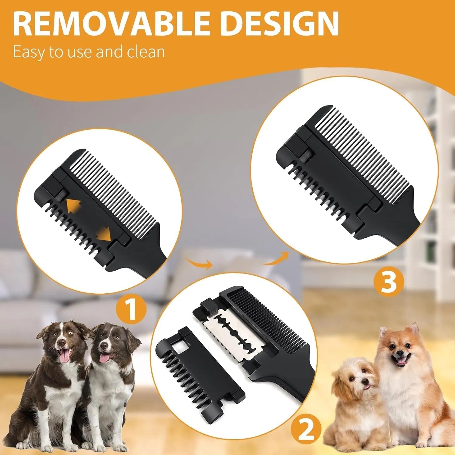 Razor comb for dogs and cats showing comb teeth and built-in blade, with packet of ten spare blades.