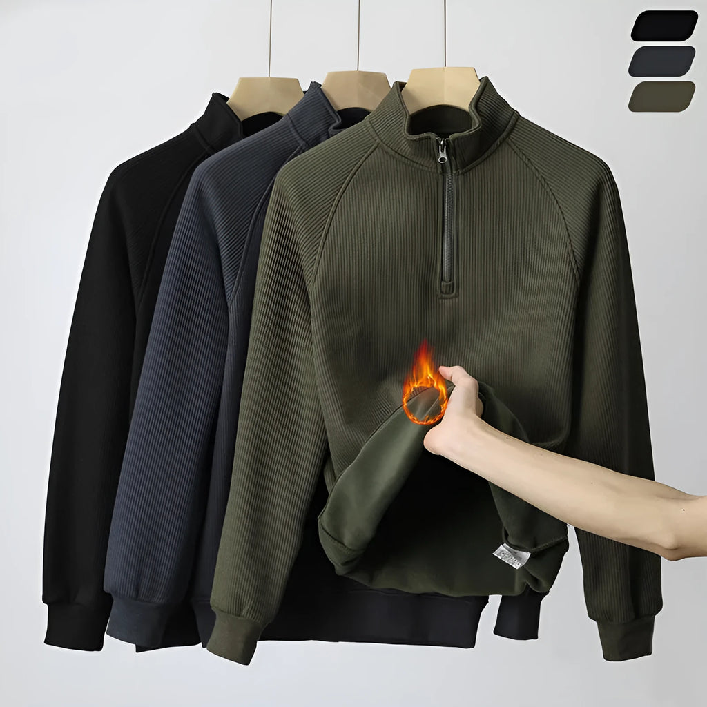 Men's stand-collar fleece sweatshirt in army green with long sleeves, front view