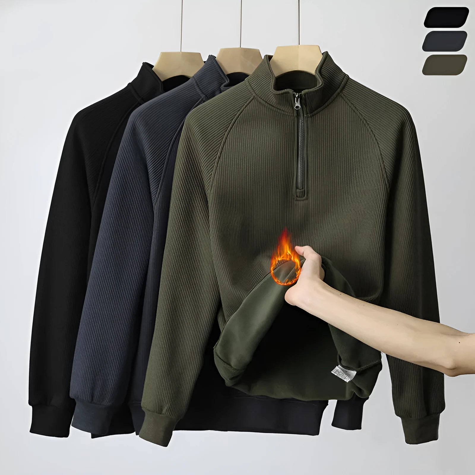 Men's stand-collar fleece sweatshirt in army green with long sleeves, front view
