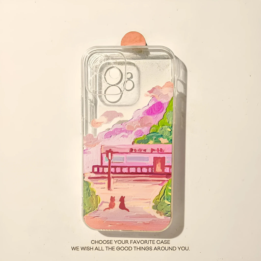 Soft silicone iPhone case with a colourful two cat cartoon design on the back