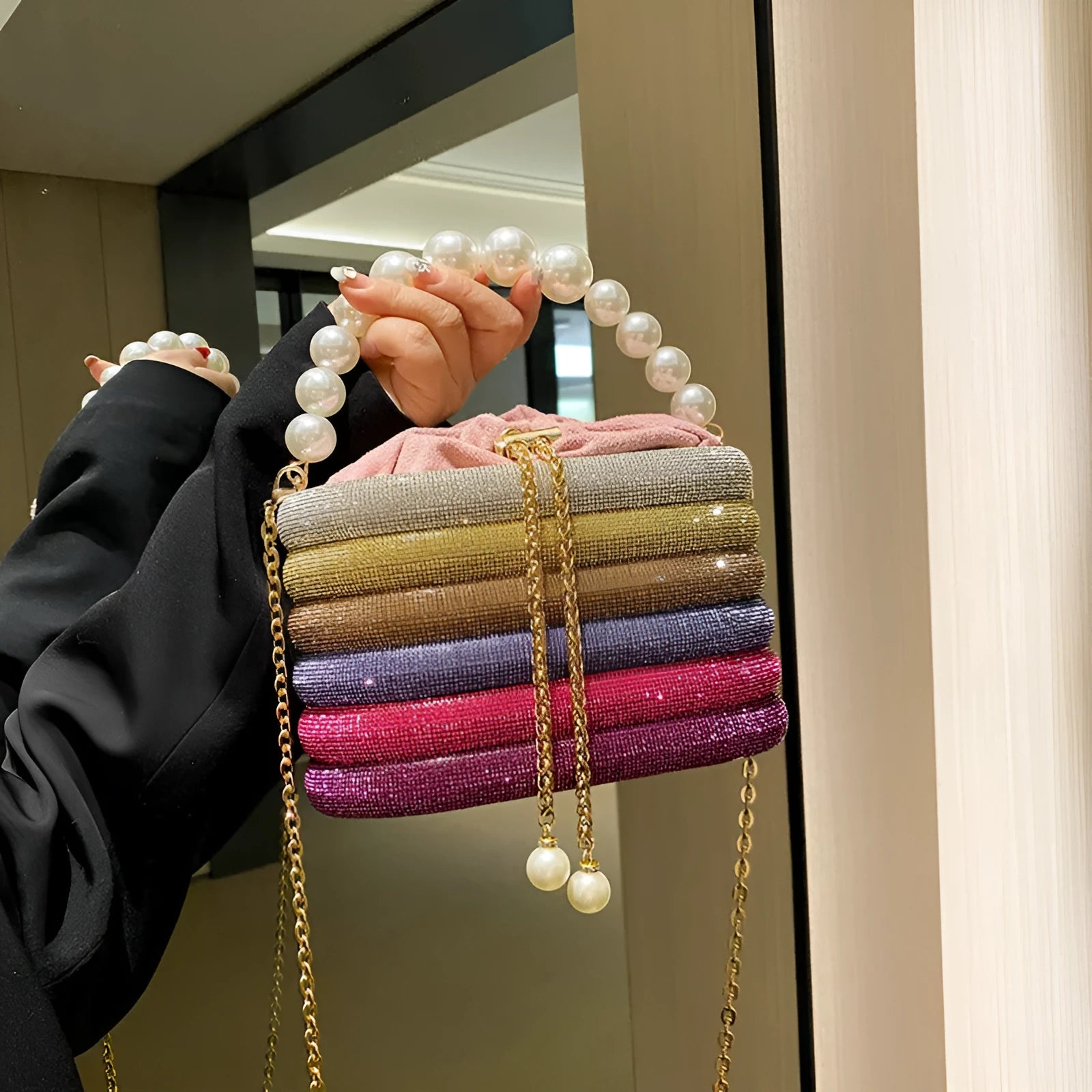 Women's round retro crossbody bag with pearl beading in soft PU material, shown in multiple colours.