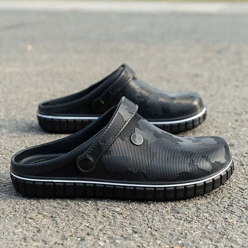 Men's EVA casual beach sandals in black with flat heel and round toe, sizes 40-47