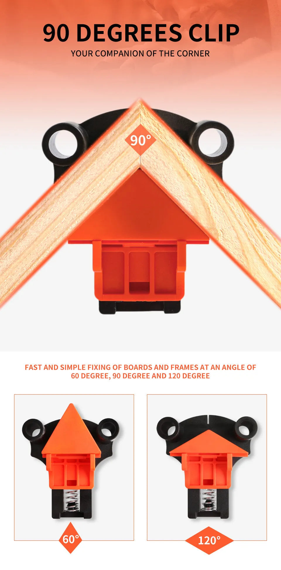 Four plastic 90-degree right-angle woodworking clamps for picture frame assembly.