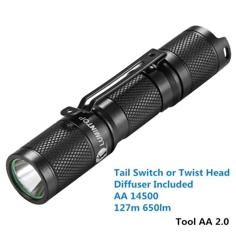 Black Lumintop Tool AA2.0 compact aluminium flashlight with keychain and magnetic tail cap.