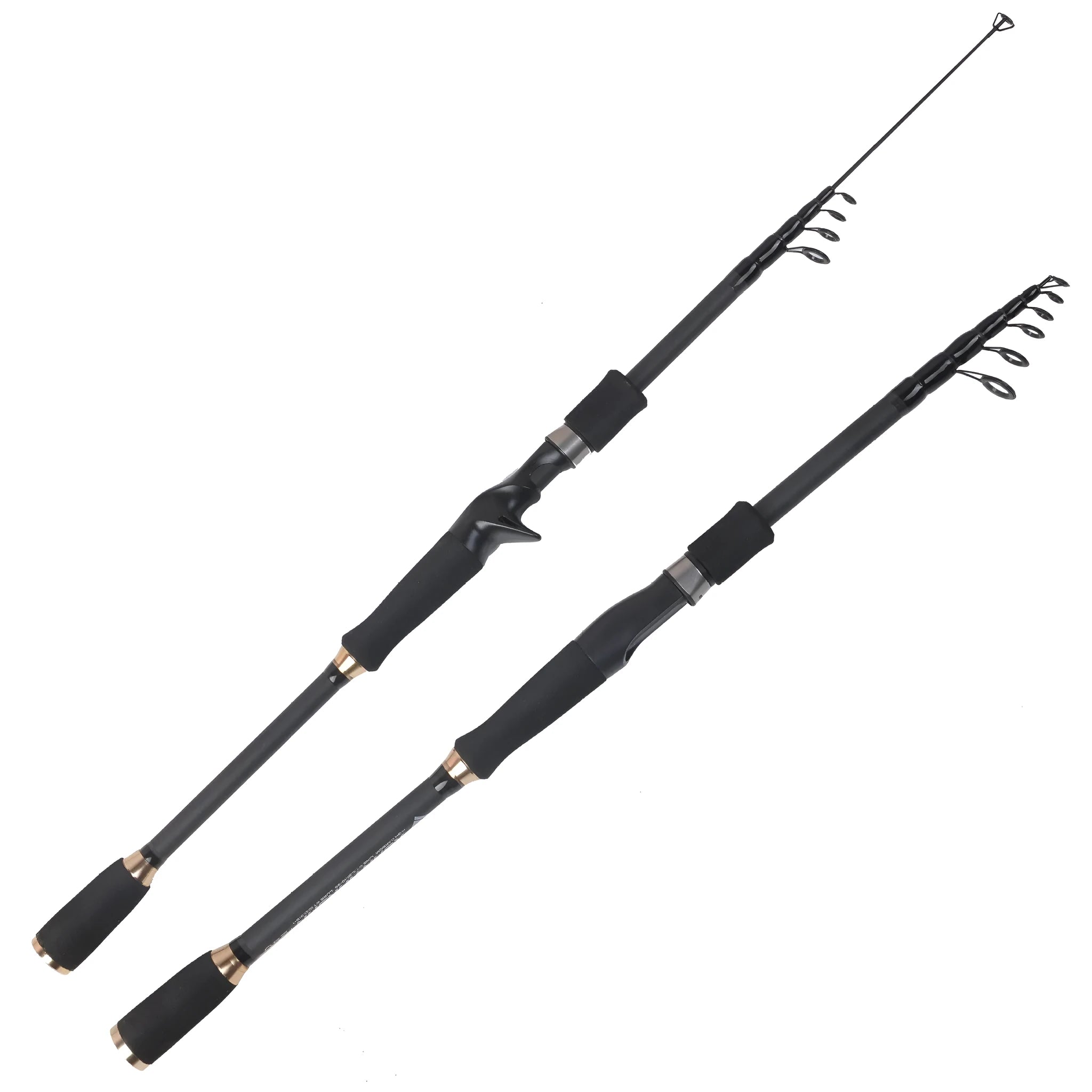 Telescopic carbon fishing rod with matte coating and reel seat on a lakeside bank