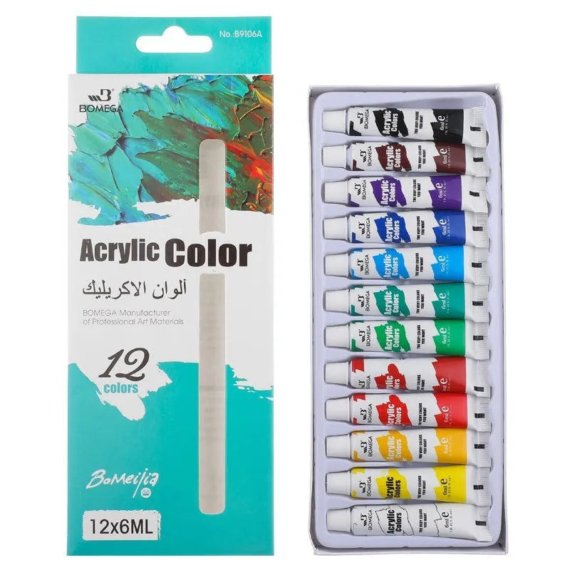 Set of twelve-colour paint tubes for acrylic, gouache, watercolour, oil, glass, and textile art.