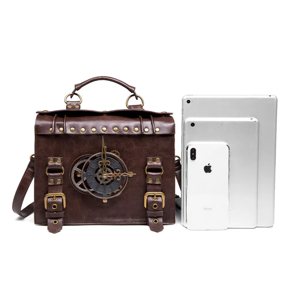 Bronze steampunk industrial retro style shoulder bag with textured PU leather and metal hardware