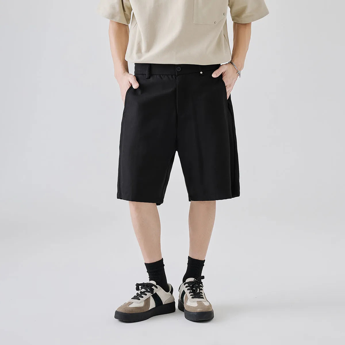 Men's lyocell cotton blend casual shorts in apricot colour with loose fit and elastic waistband for summer wear