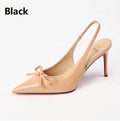 Women's patent leather pointed toe high heels in wine red, black, and nude colours with a 6-8cm heel.
