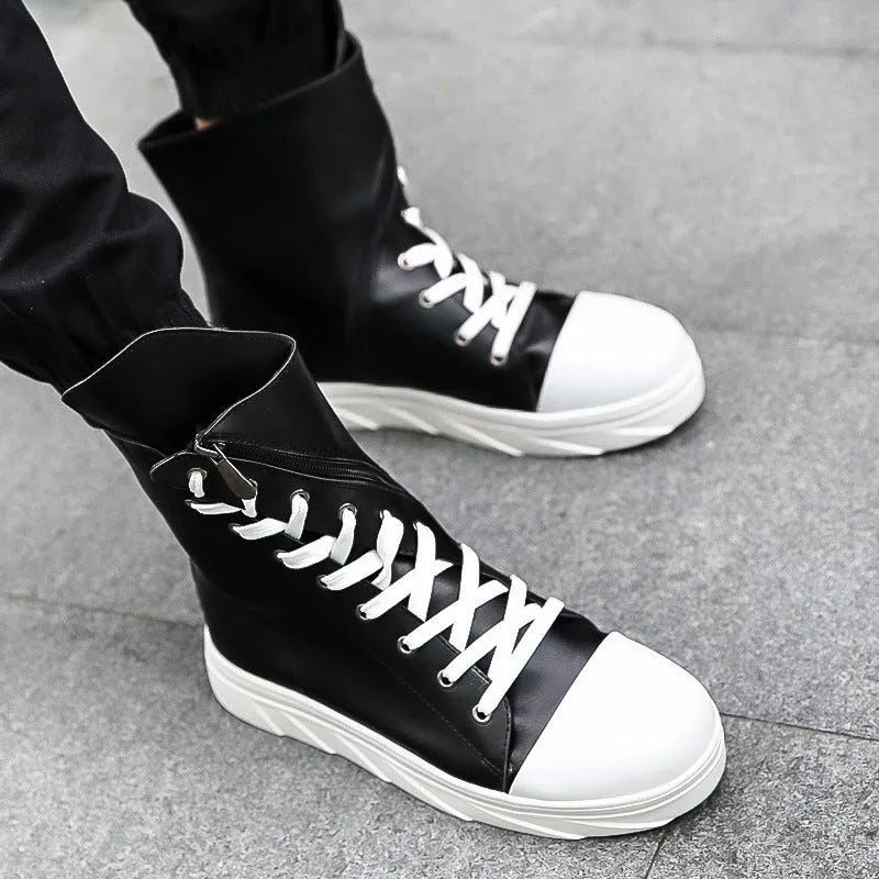 Women's Martin boots with cloth upper, round toe, side zipper, black white colour
