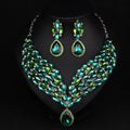 Full drill bridal clavicle chain necklace set with matching accessories in champagne and green on white background