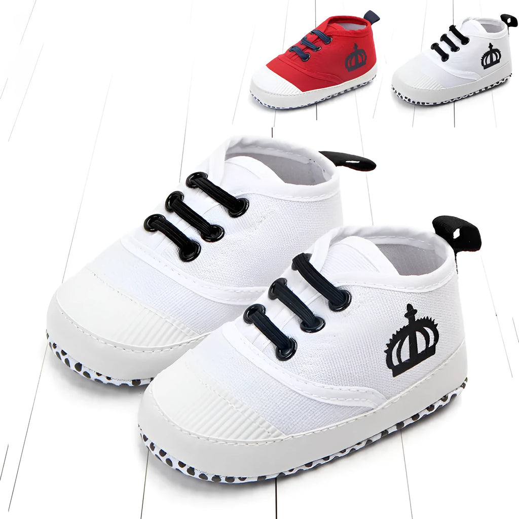 Cotton canvas baby shoes with elastic band in red and white colours