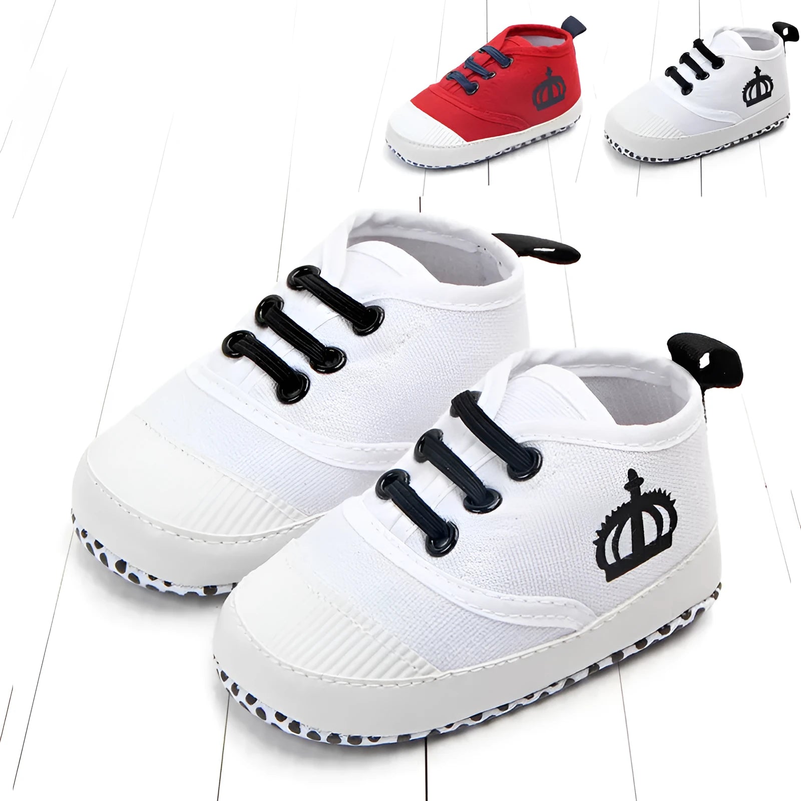 Cotton canvas baby shoes with elastic band in red and white colours