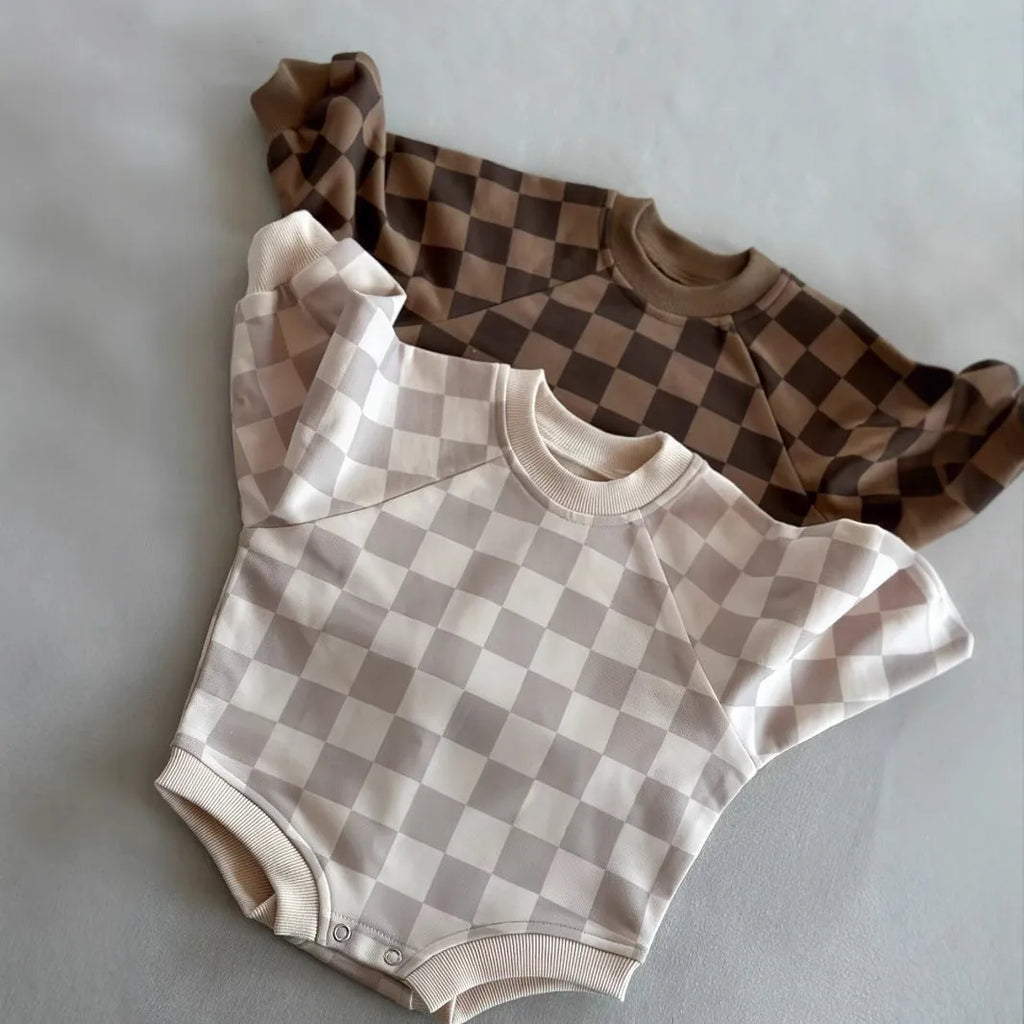 Baby cotton chessboard plaid pullover jumpsuit in brown plaid, long sleeves, neutral style