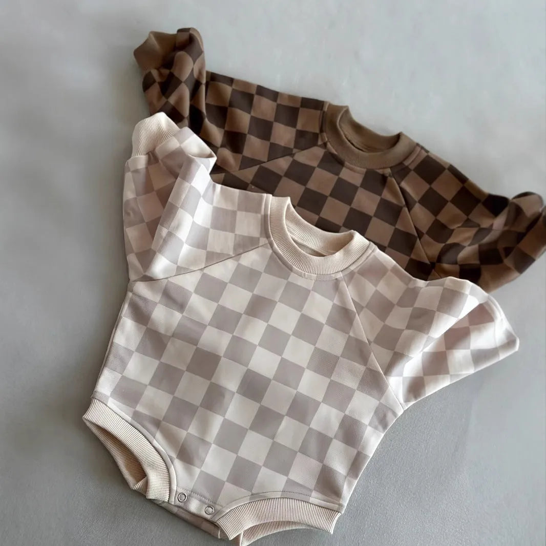 Baby cotton chessboard plaid pullover jumpsuit in brown plaid, long sleeves, neutral style