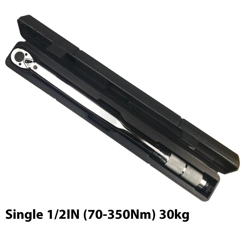 Five-piece preset torque wrench set with sockets and extension rod in plastic case