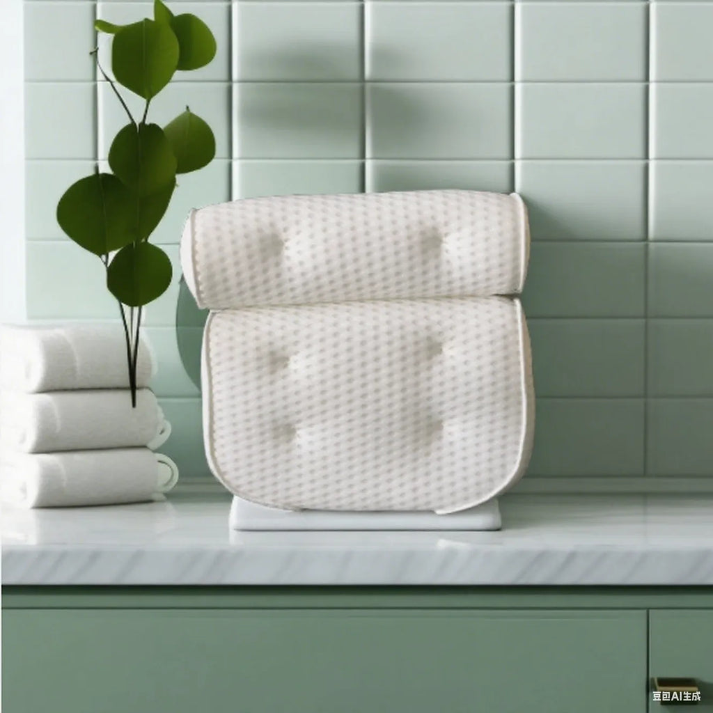 White bathtub pillow with suction cups on a 4D mesh surface.