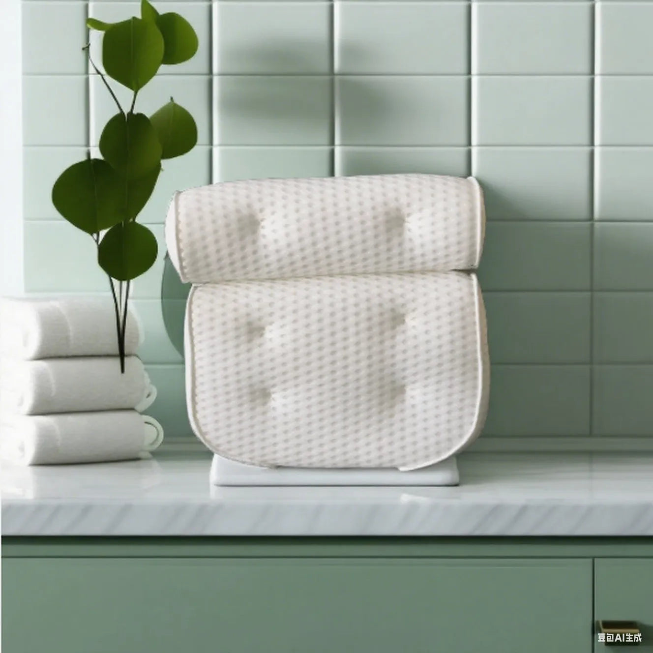 White bathtub pillow with suction cups on a 4D mesh surface.