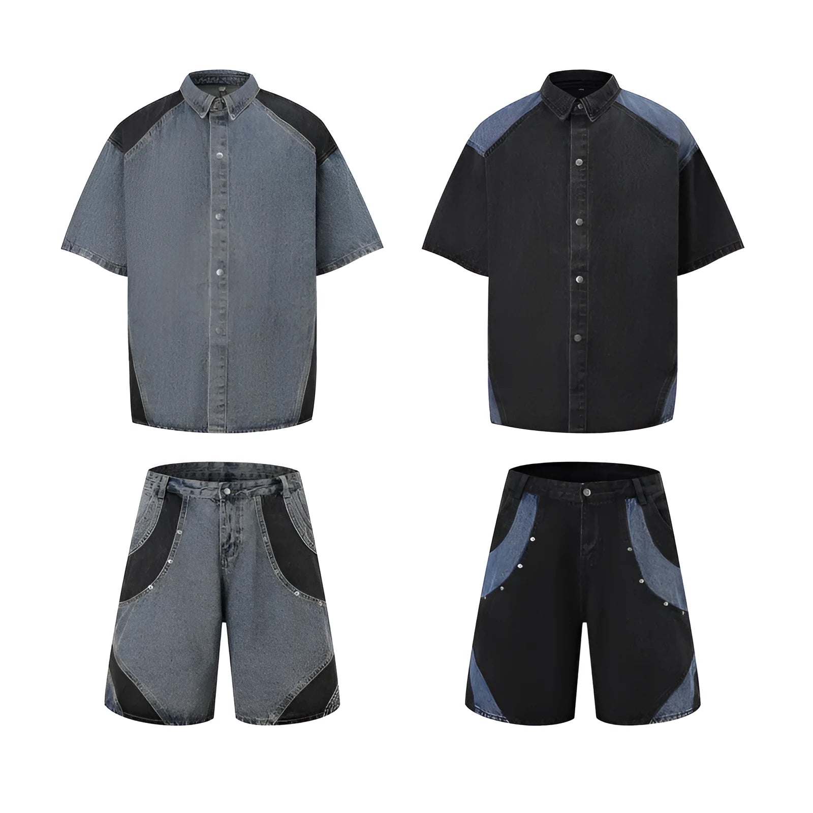 Retro washed denim short-sleeve suit jacket and matching trousers in blue, laid flat.