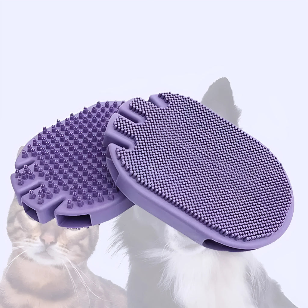 Purple dual-sided pet shampoo massage brush with soft TPR bristles and ergonomic handle