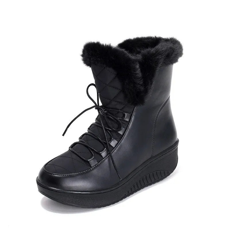 Black women's lace-up platform winter boots with water-resistant PU leather and plush lining.