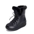 Black women's lace-up platform winter boots with water-resistant PU leather and plush lining.