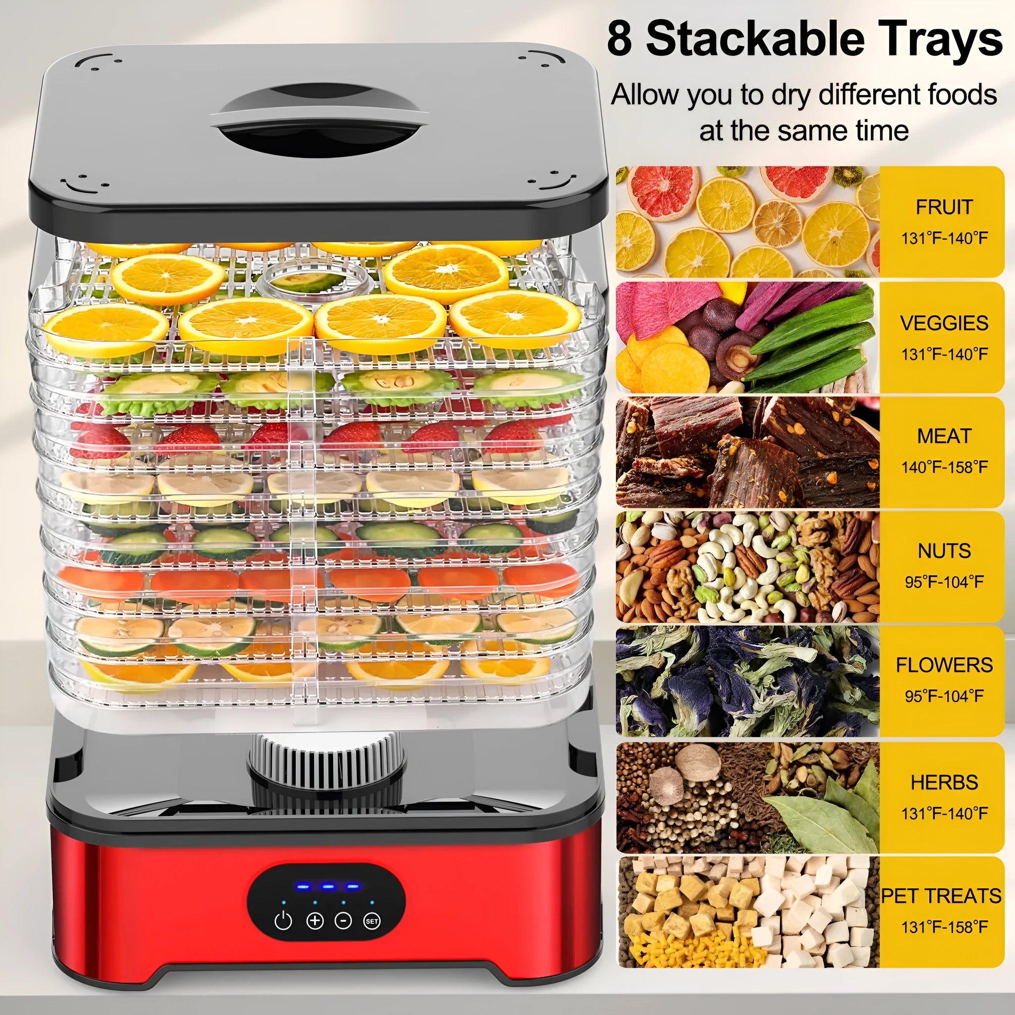 Silver and red household food dehydrator with 8 stacking trays, showing compact design and control panel.
