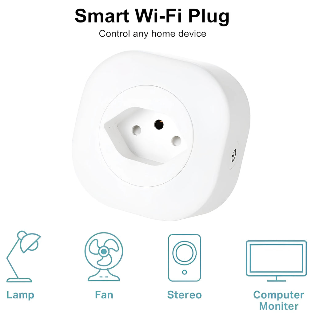 A white smart socket plug with dimensions 70mm x 70mm x 72mm, showing EU, US, and Swiss plug styles.