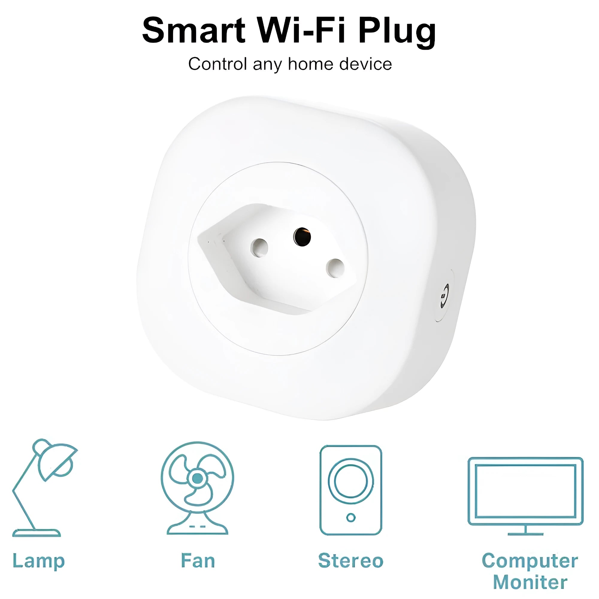A white smart socket plug with dimensions 70mm x 70mm x 72mm, showing EU, US, and Swiss plug styles.