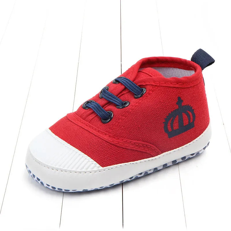 Cotton canvas baby shoes with elastic band in red and white colours