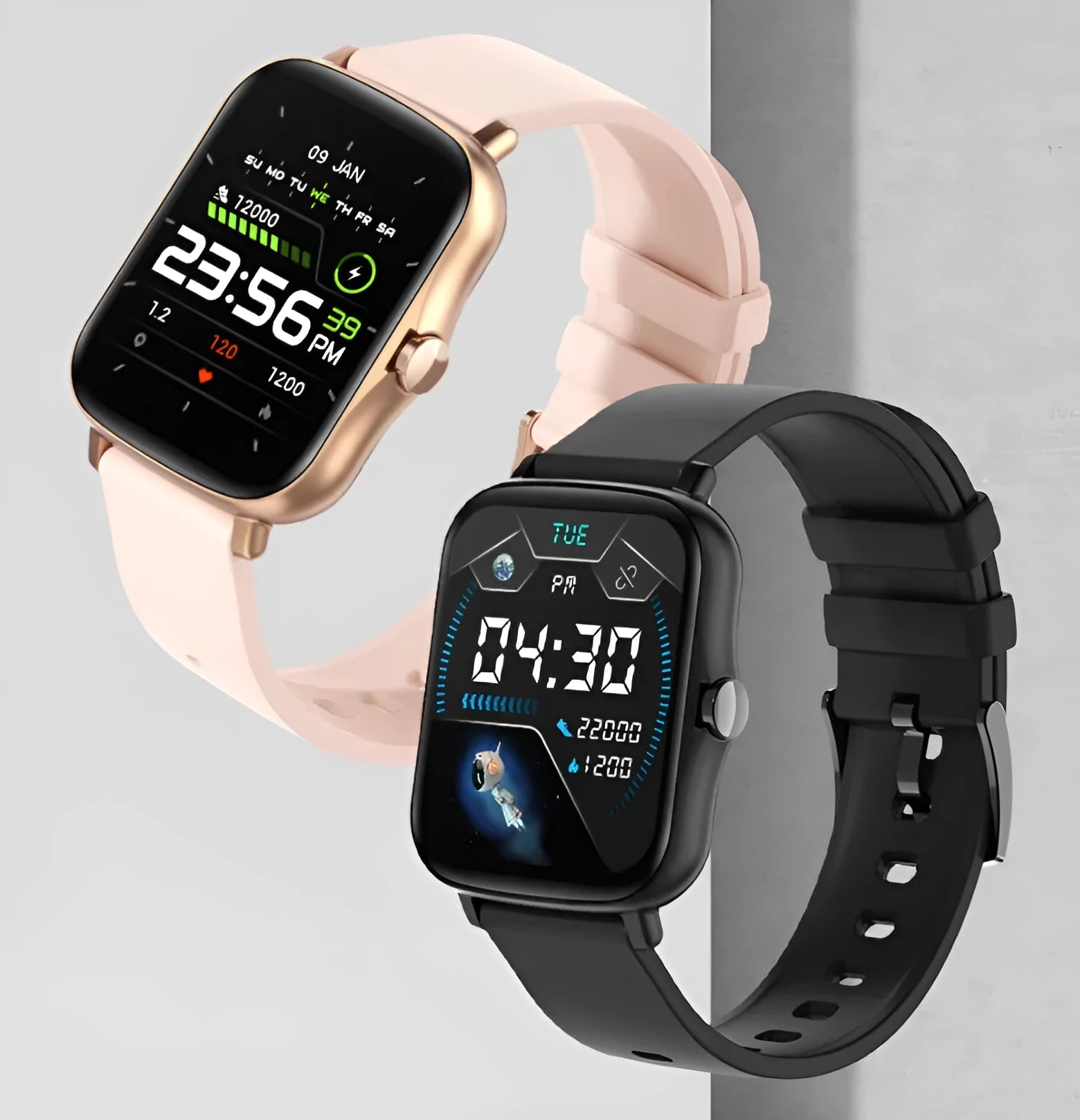 Black smart watch with 1.7-inch colour touch screen and adjustable strap on a wrist.
