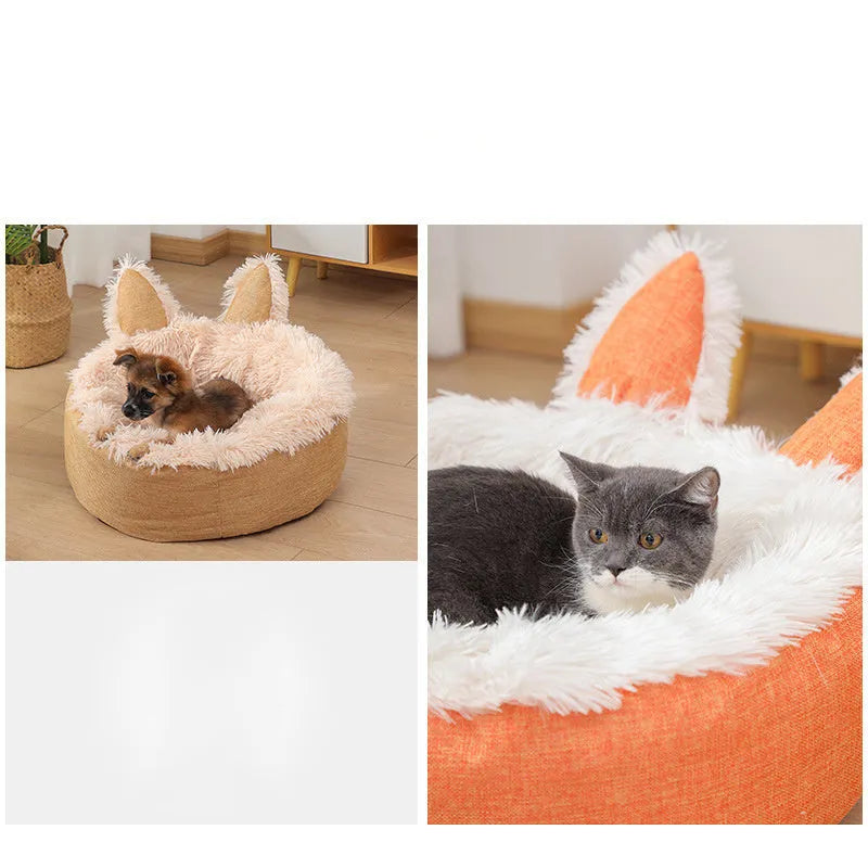 Plush faux fur circular pet bed for cats and small dogs in blue colour showing soft textured material