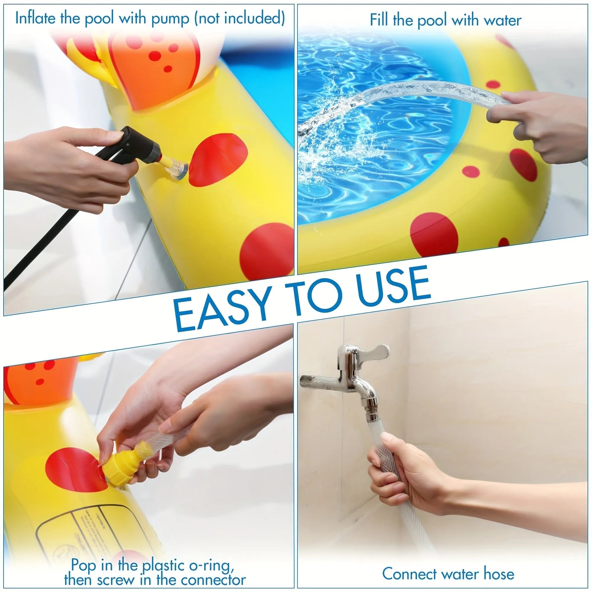 Blue dinosaur-shaped inflatable pool with spray jets for children's water play