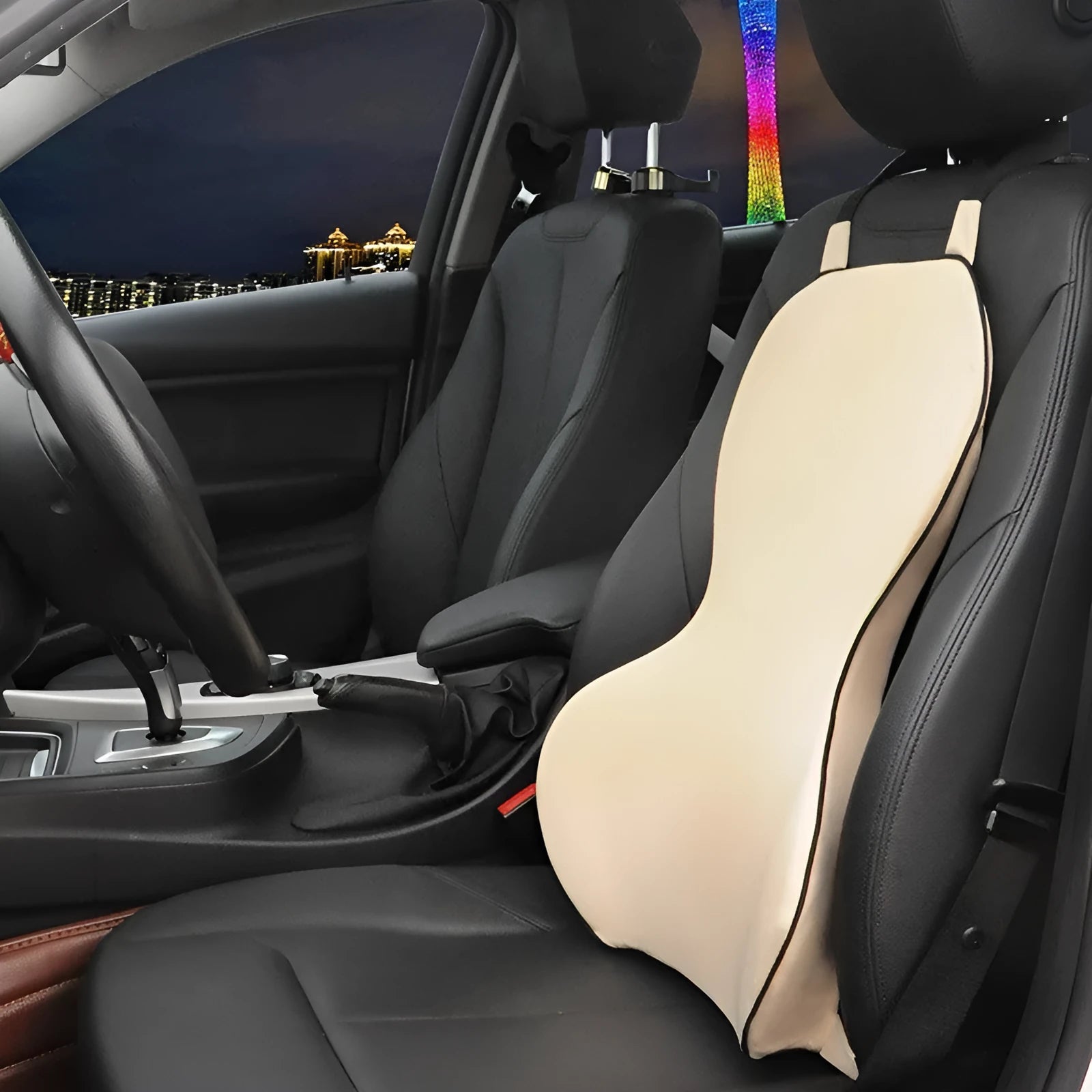 Memory cotton car cushion in solid colour on vehicle seat providing waist and back support