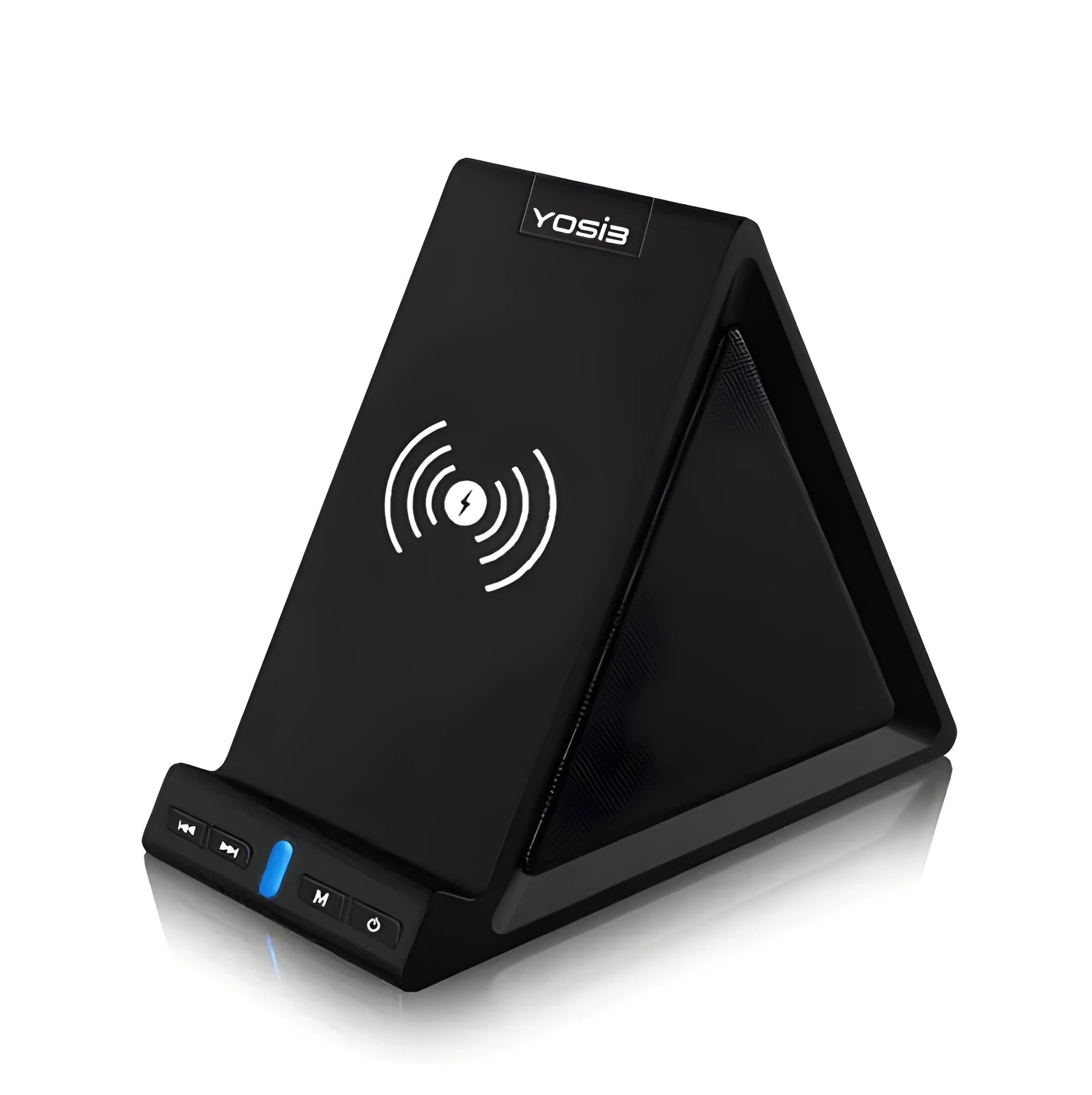Matte black Bluetooth speaker with integrated phone stand and wireless charging pad on top.