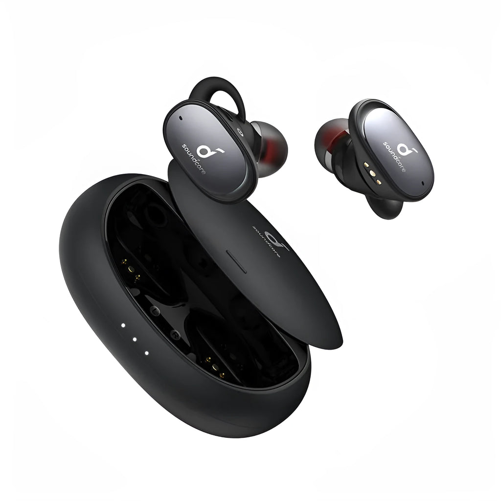Black in-ear Bluetooth headset with dual earbuds and Bluetooth 5.0 for stereo calls and music