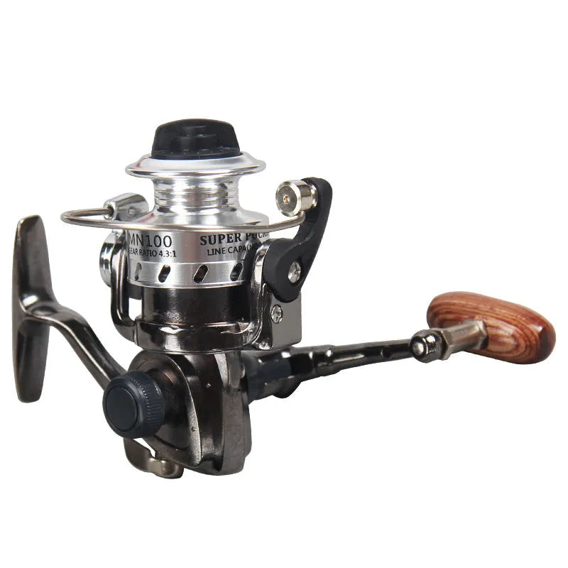 Mini 100 all metal black spinning reel MN100 8cm high with folding wooden rocker arm handle