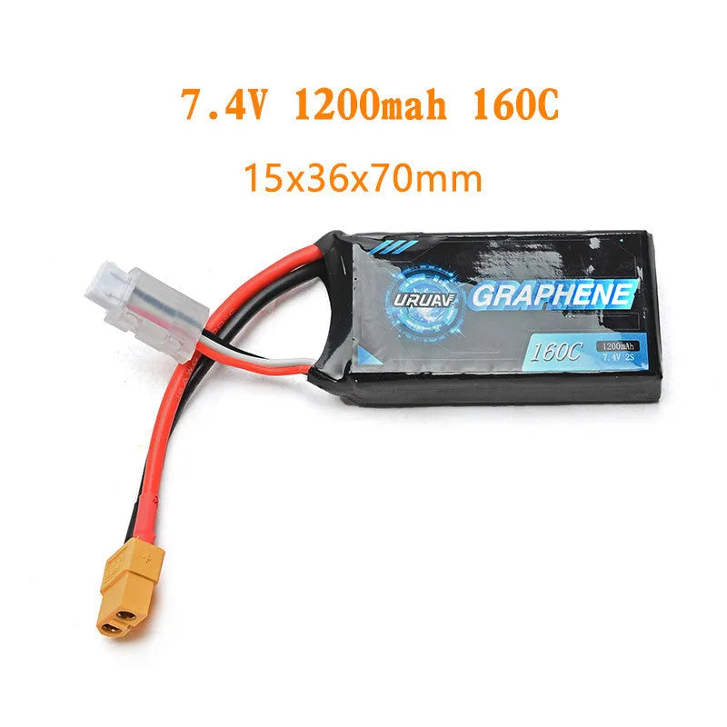 A 7.4V 1200mAh lithium battery for remote control model cars and boats.