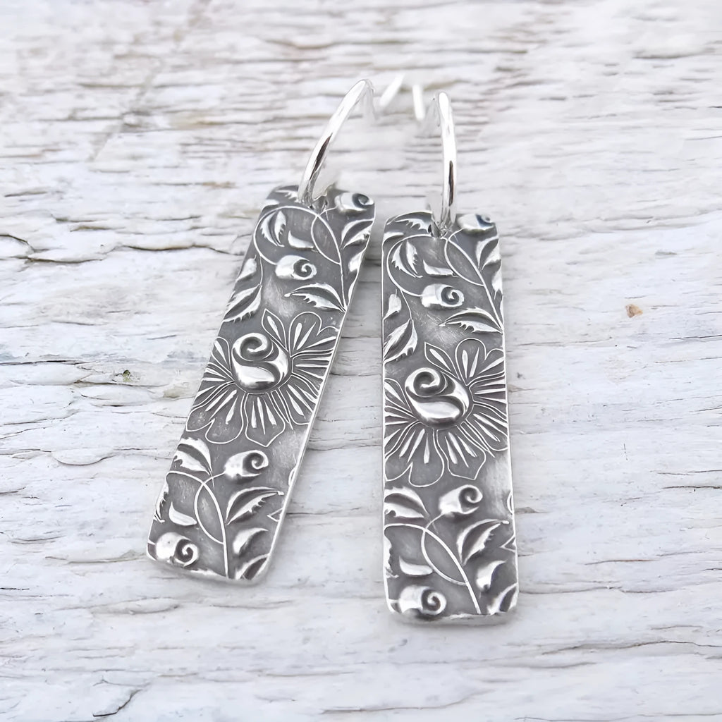 Silver geometric long earrings with carved vine design in retro European style