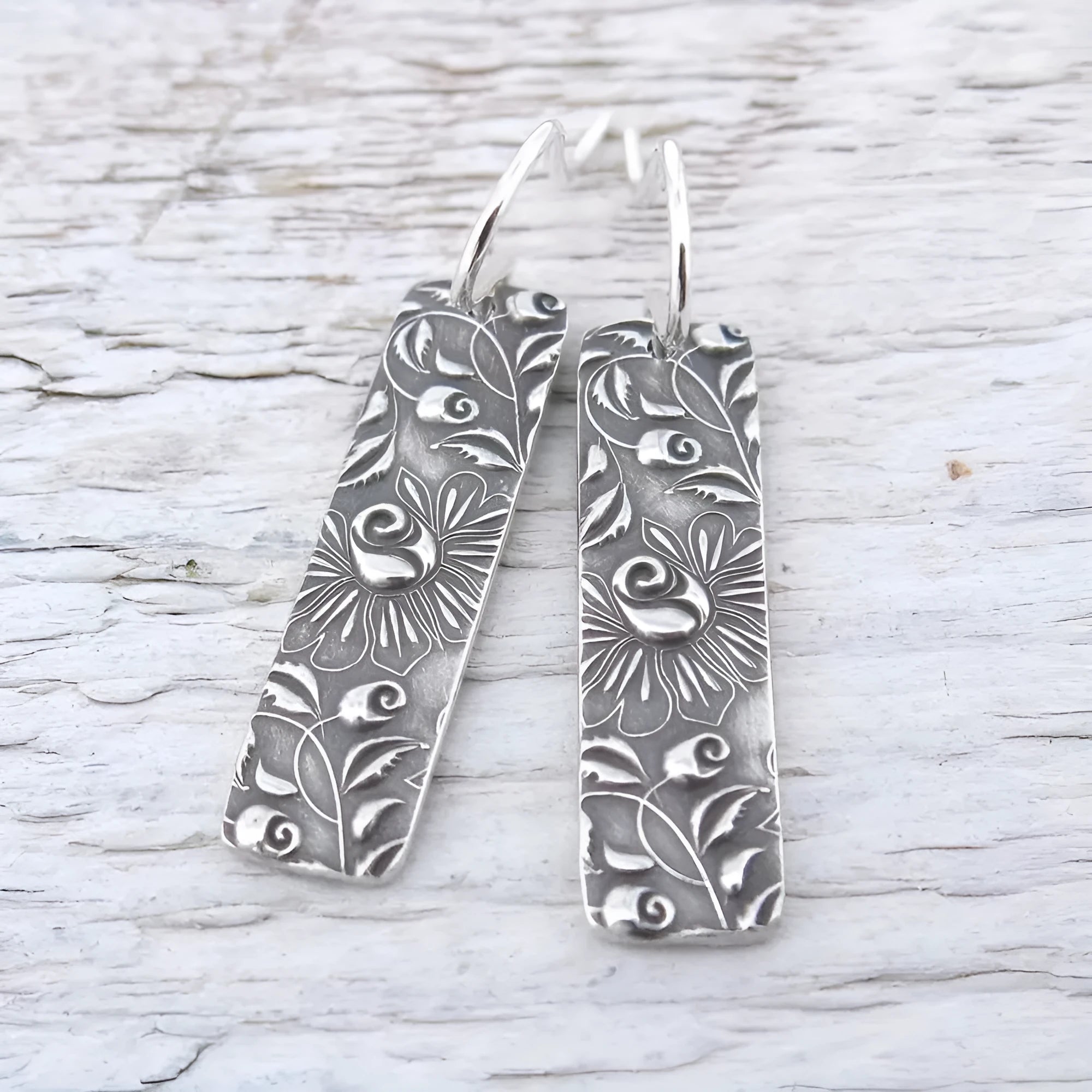 Silver geometric long earrings with carved vine design in retro European style
