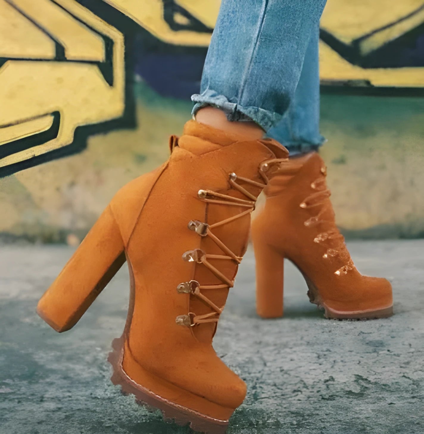 Women's suede high heel boots with thick heels in yellow, black, wine red, and army green colours