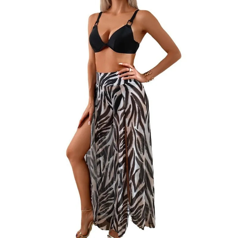 Women's three-piece bikini swimsuit set in polyester fabric with printed pattern design