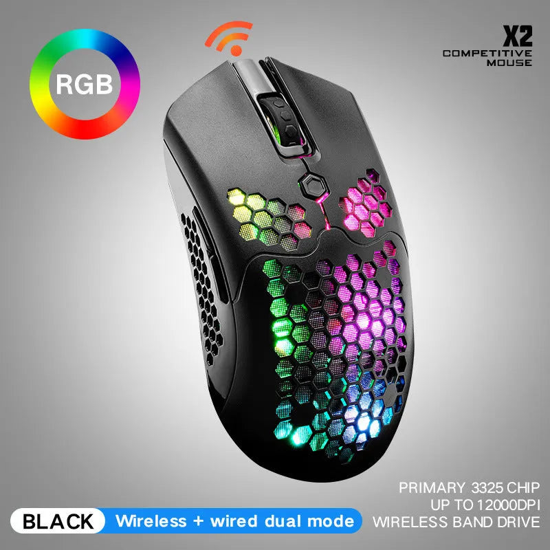 Free Wolf X2 wireless gaming mouse in black with RGB lighting, shown on a mouse mat