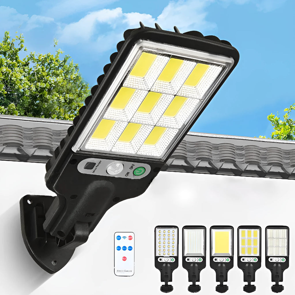 Outdoor solar LED wall lamp with 5.5V solar panel, 227x84x40mm, for garden or fence mounting