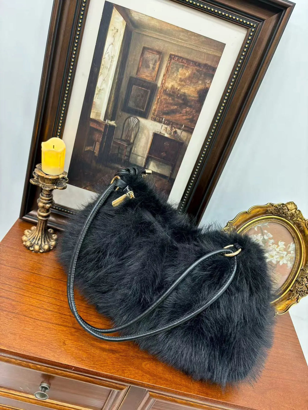 Soft plush underarm bag for women in khaki with single shoulder strap and compact 35x17x9cm size