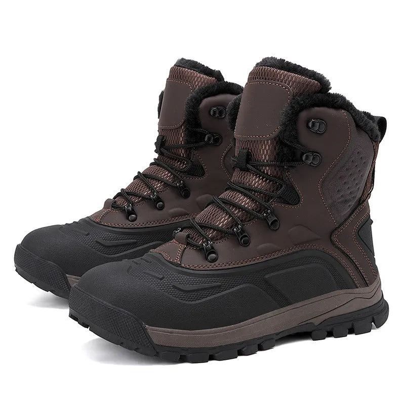 Men's black high-top lace-up boots with fleece lining and flat TPR sole