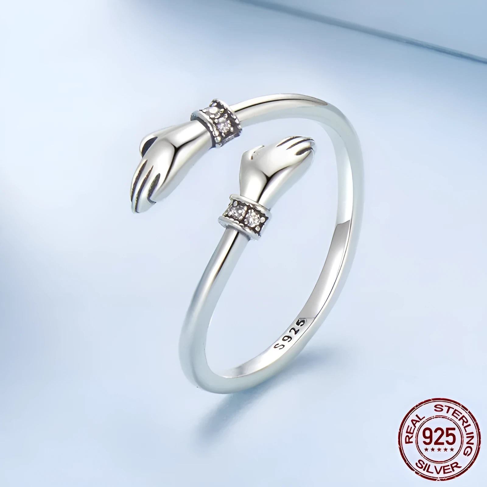 Silver simple hug ring with free size design and old processing finish on women's finger