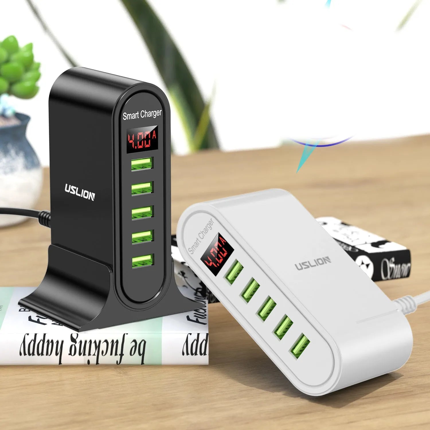 Smart LED digital display USB wall charger in black or white with UK, EU, or US plug options.