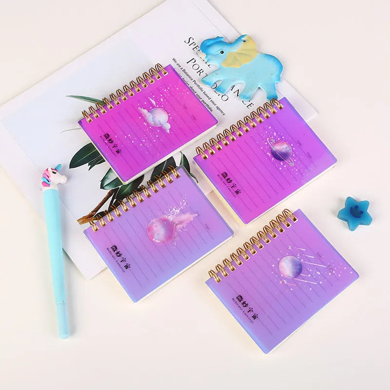 A7 spiral notebook with colourful PP cover, showing spiral binding and open pages