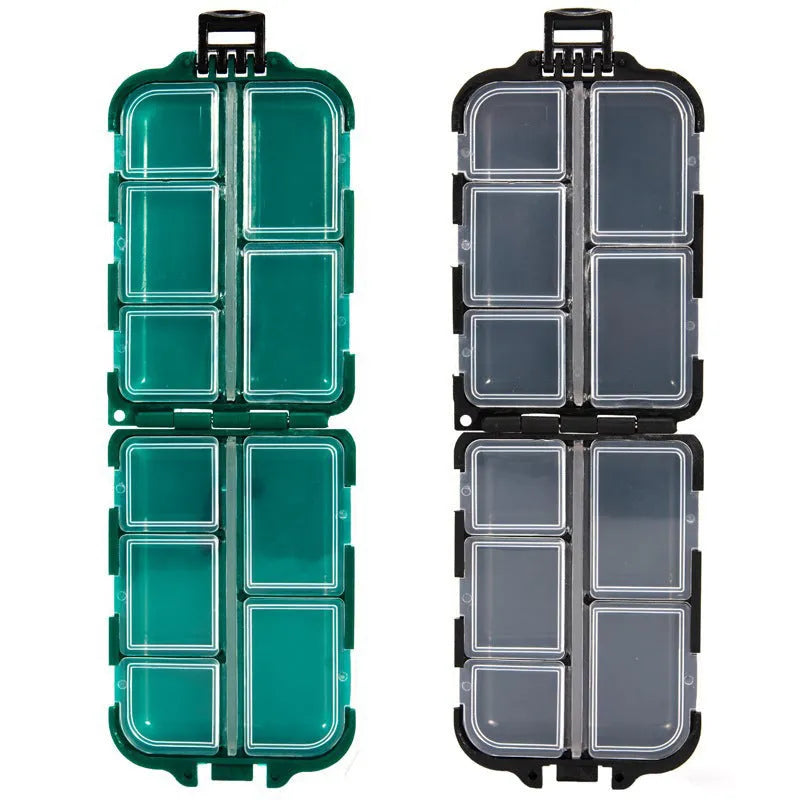 Small green plastic fishing tackle box with 10 internal compartments for hooks and lures.